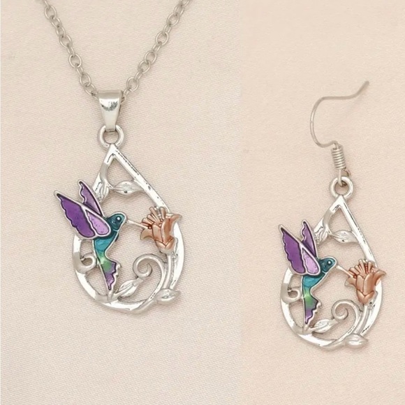 Blue Hummingbird Teardrop Necklace & Earrings Set NWT - Picture 4 of 8